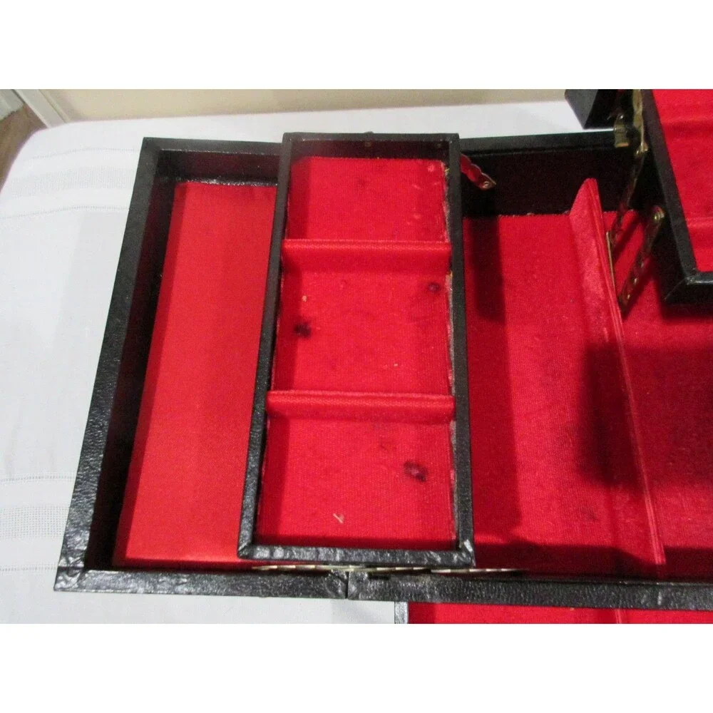 Vtg, Black Faux Leather Mell MCM Jewelry Box Red Velvet 25+Piece Tiered with KEY